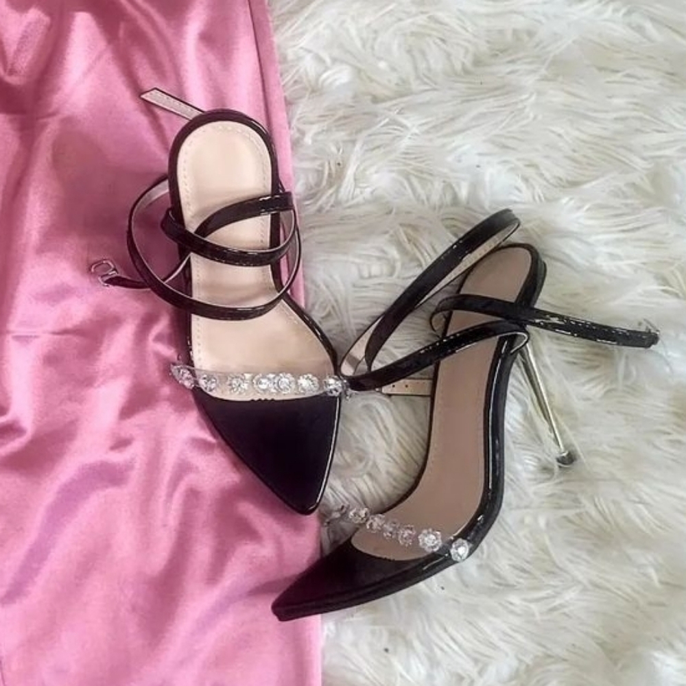 Marysol.Boutique Heels Pointed Toe, Flower Clear Gem Gold Stiletto Women's